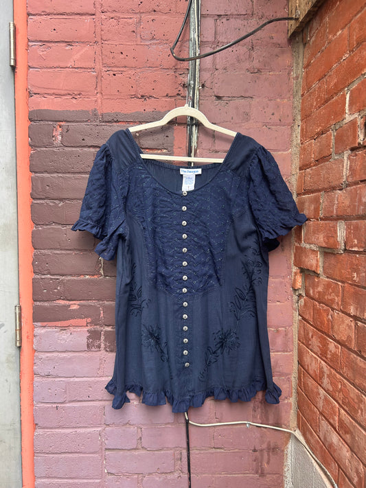 Y2K Vintage Navy Fairy Button Down Blouse / Size XL