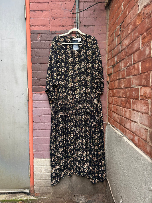 90's Vintage Navy & Beige Floral Button Down Maxi Dress / Size 2X-3X