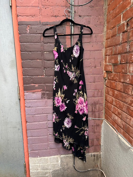 90’s Vintage Purple Floral Asymmetrical Midi Dress / Size 2