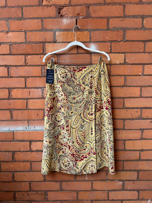 90’s Vintage Yellow & Red Paisley Silk Midi Skirt / 30 Waist