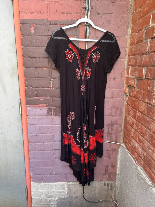 90's Vintage Red & Black Floral Paisley Fairy Dress / Size XL