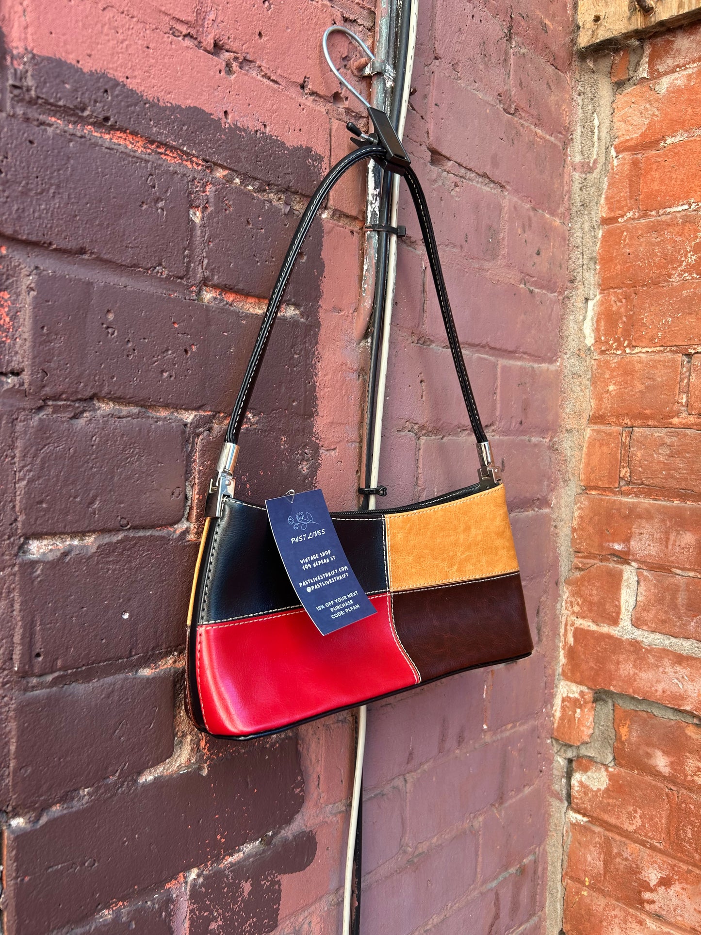 90's Vintage Red Brown & Black Colour Block Shoulder Purse