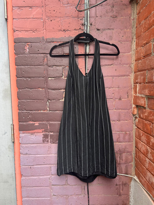 90's Vintage Black & White Pinstripe Linen Blend Halter Dress / Size 8