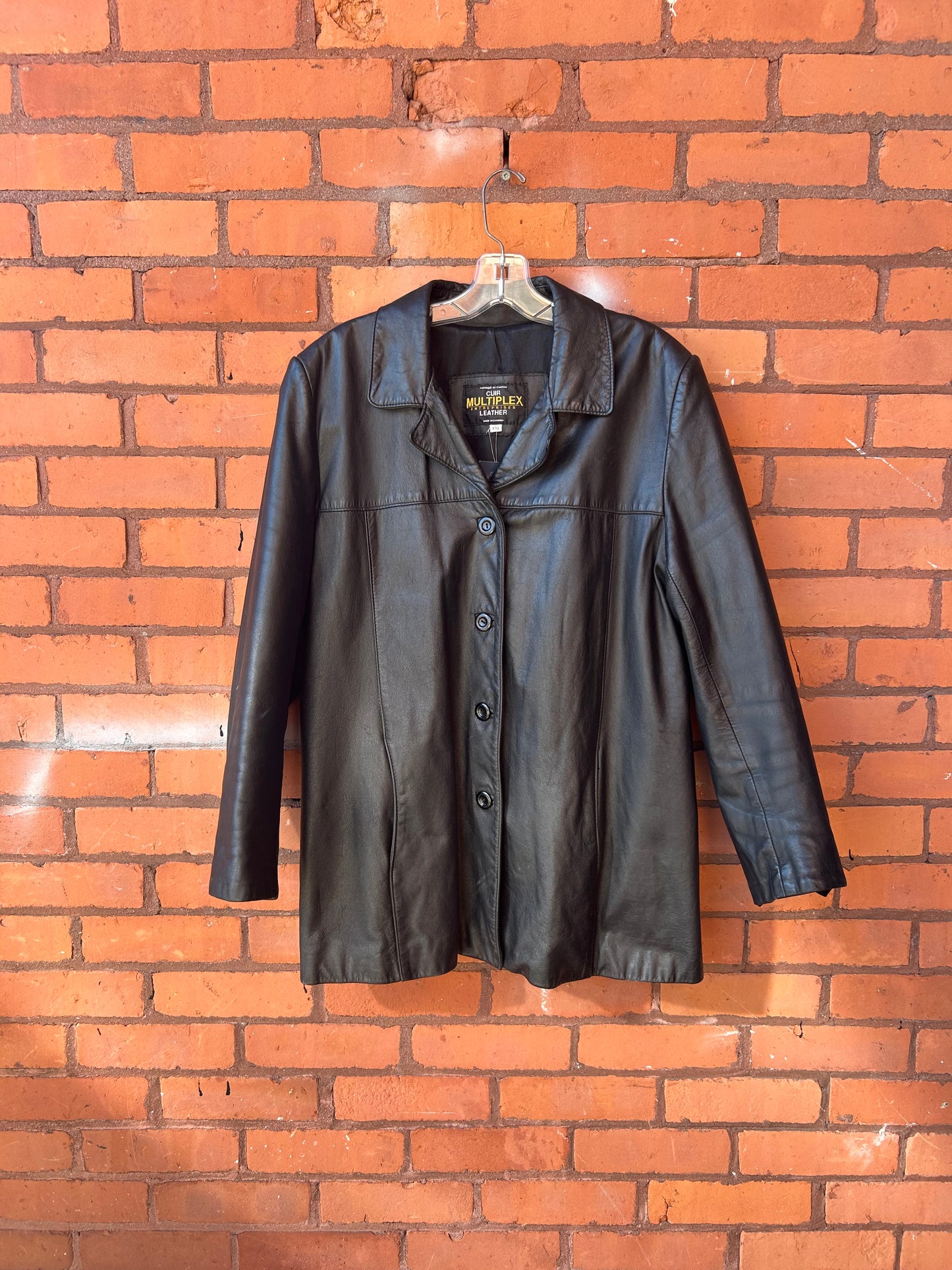 90’s Vintage Black Leather Classic Button Down Jacket / Size XXL