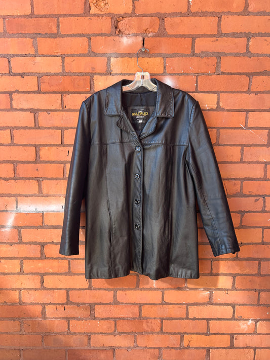 90’s Vintage Black Leather Classic Button Down Jacket / Size XXL