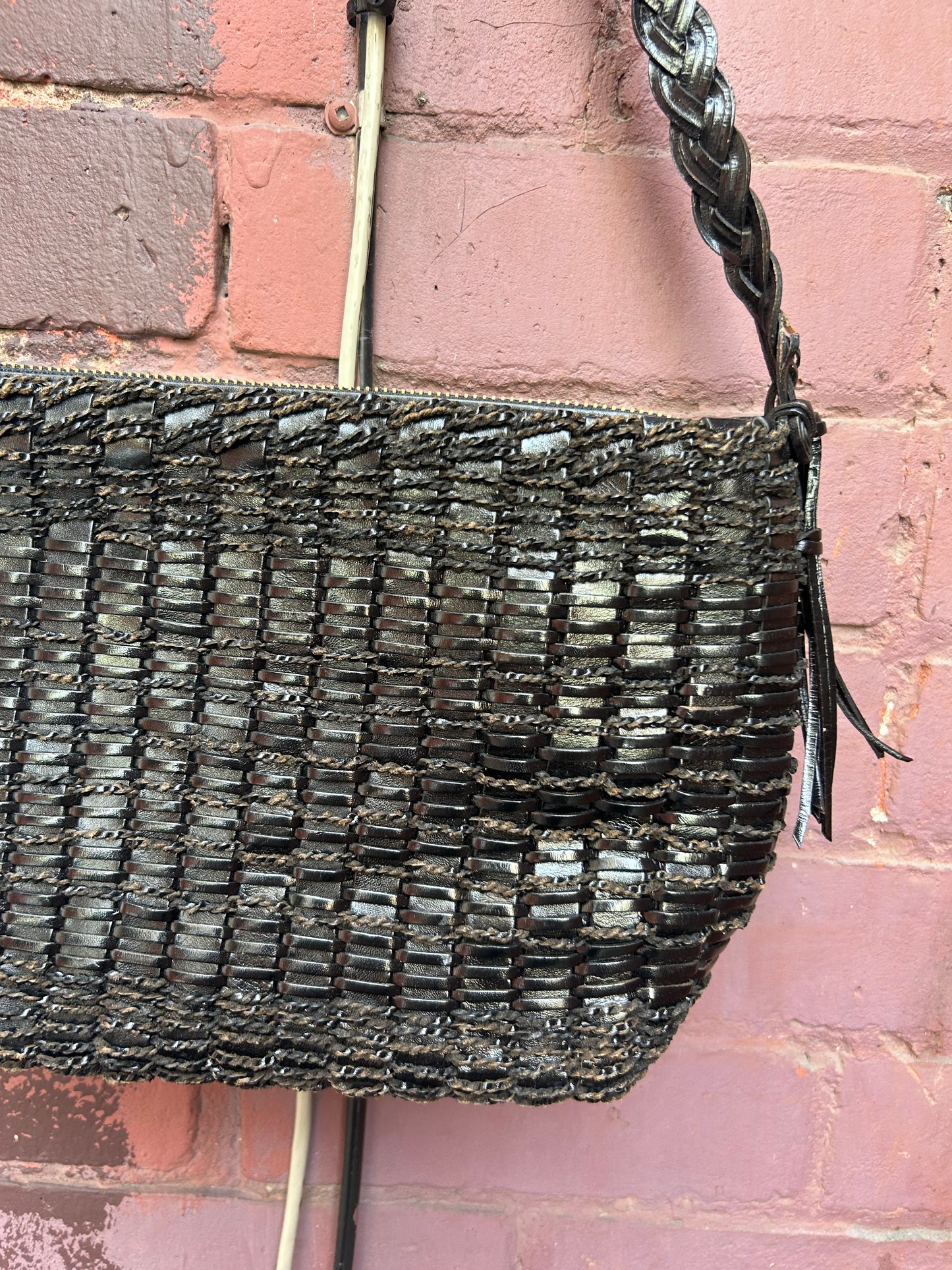 90's Vintage Black Woven Leather Shoulder Purse