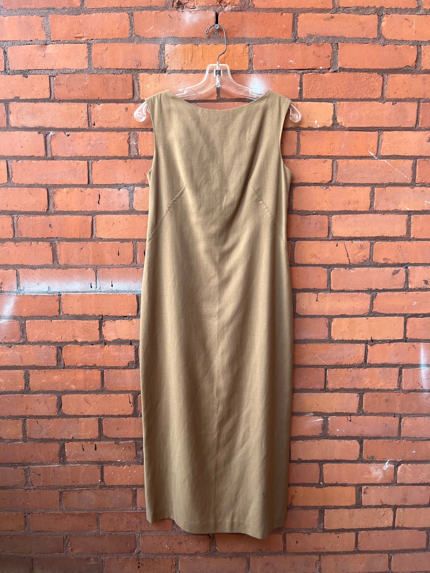 90’s Vintage Brown Linen Blend High Neck Midi Dress / Size 4