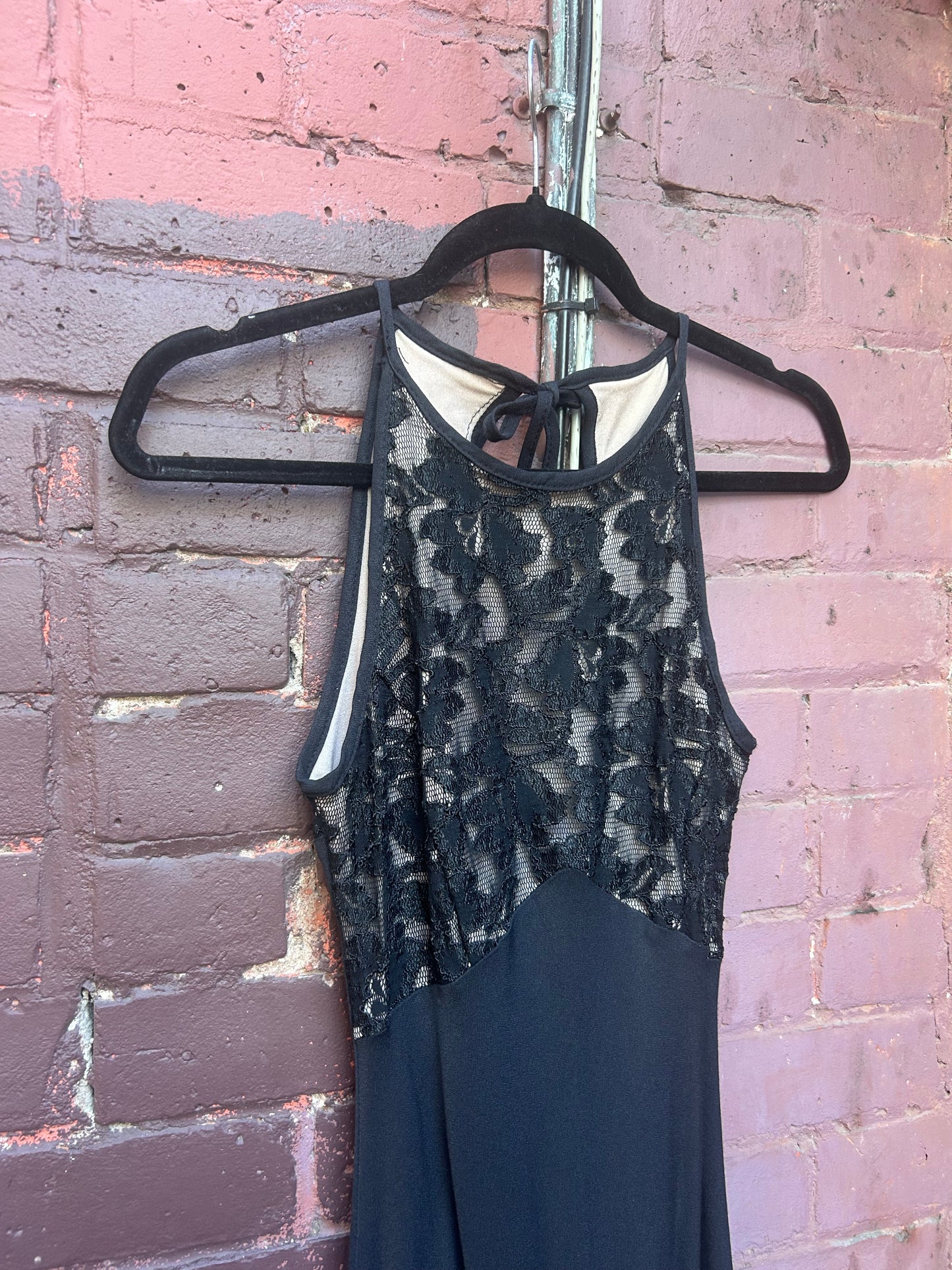 90's Vintage Black Lace High Neck Evening Dress / Size 2