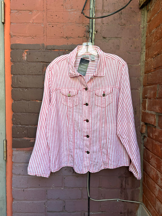 90’s Vintage White & Red Striped Linen Trucker Shirt / Size XL