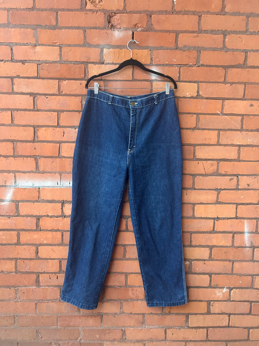 90’s Vintage Contrast Stitch Blue Jeans / 32 Waist