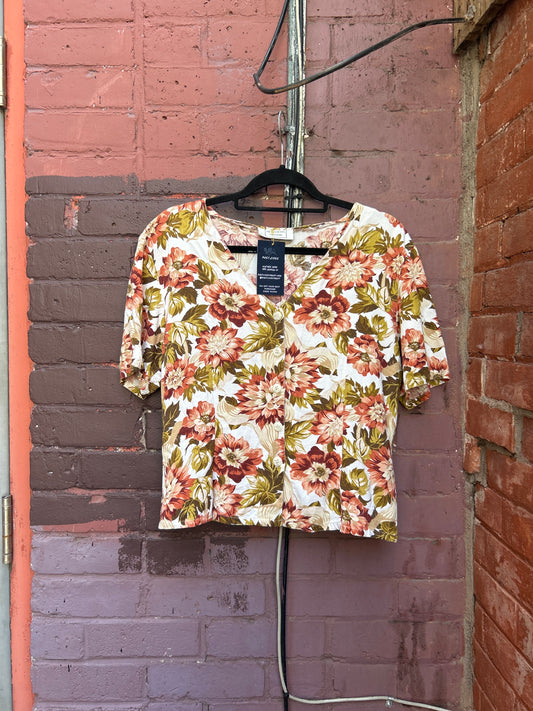 90's Vintage Floral Cropped Short Sleeve Blouse / Size M