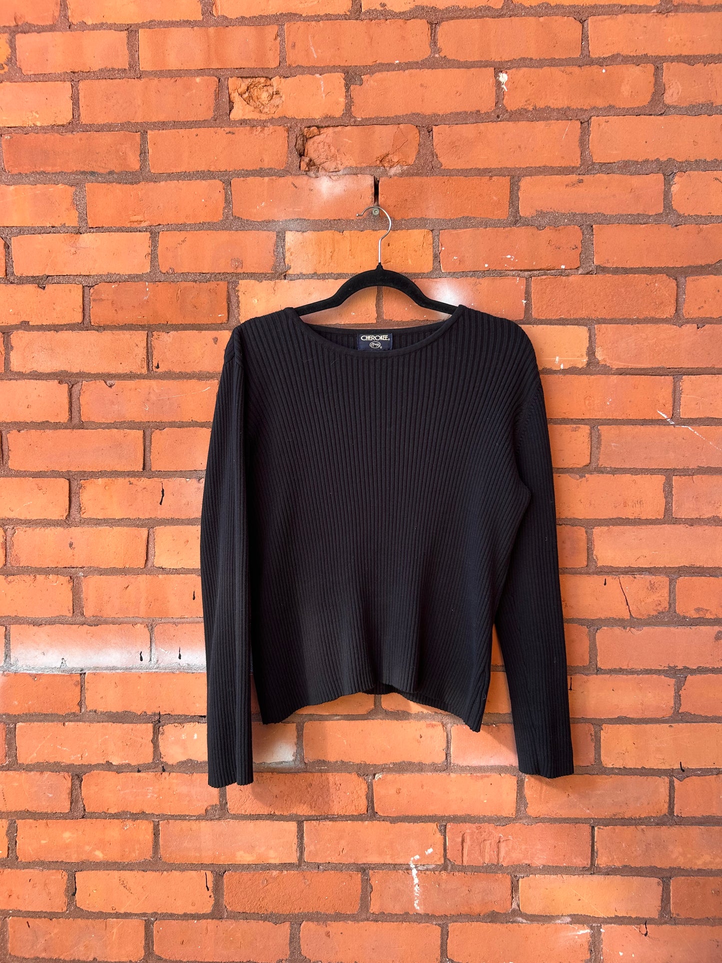 90’s Vintage Ribbed Black Cotton Knit Longsleeve / Size L