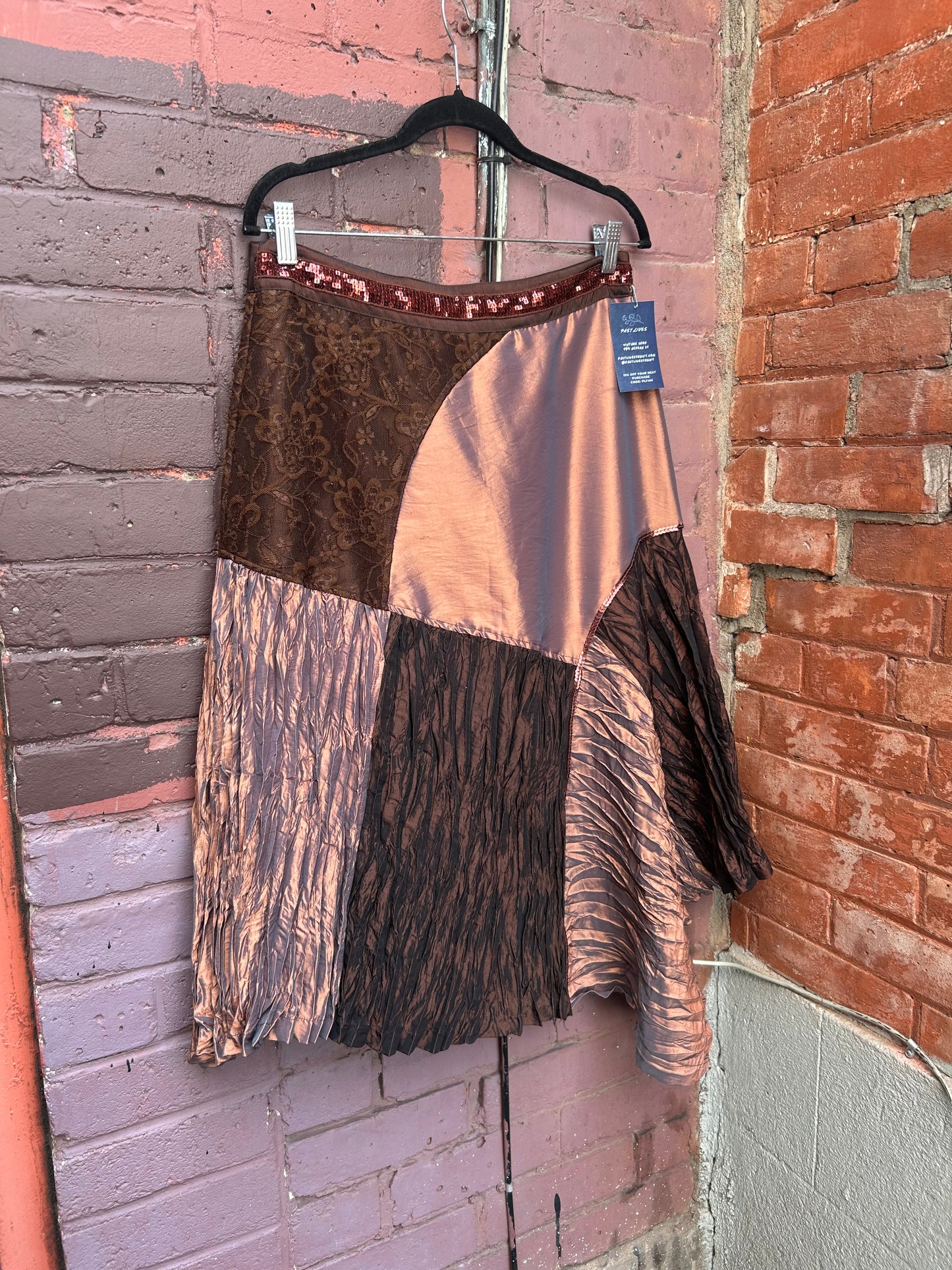 Y2K Vintage Asymmetrical Brown Taffeta Patchwork Skirt / 31 Waist
