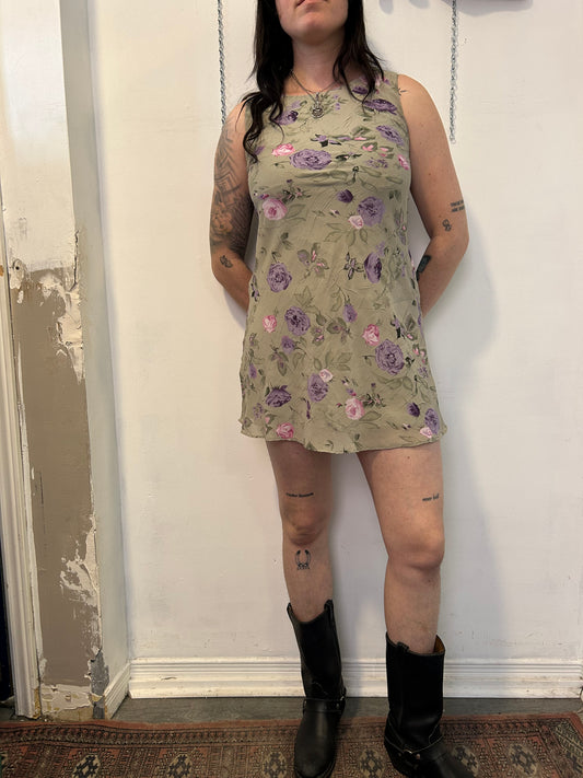 90’s Vintage Green Rose Print High Neck Mini Dress / Size 6-8