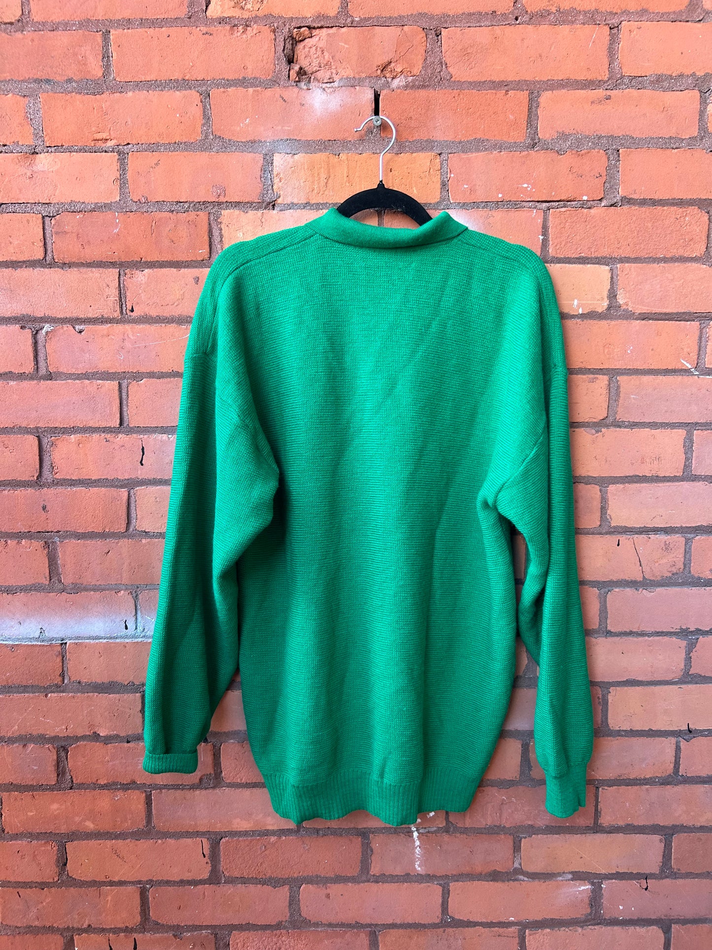 80’s Vintage Kelly Green Wool Henley Sweater / Size XL