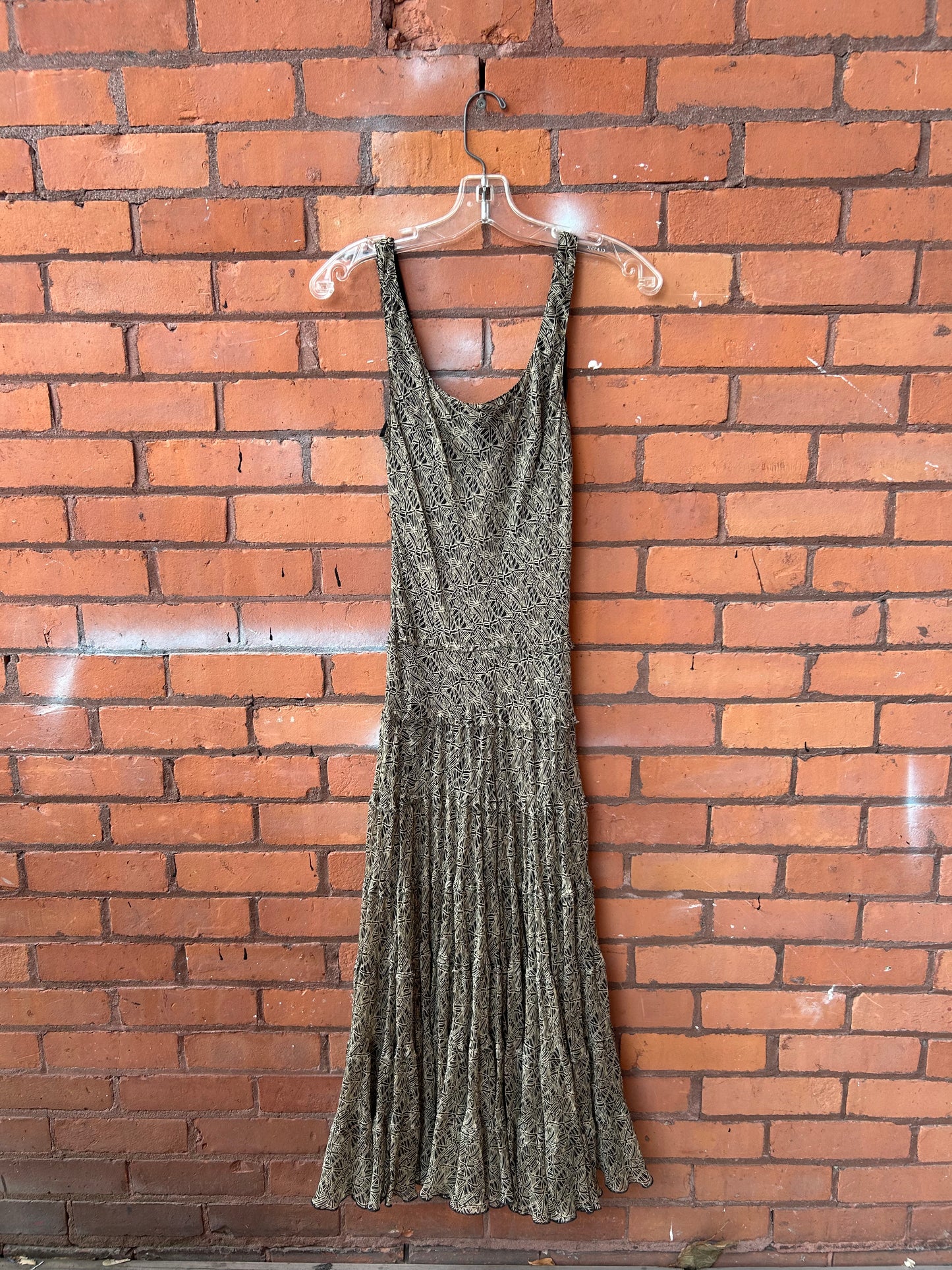 90’s Vintage Silk Beige & Black Print Tiered Maxi Dress / Size 6–8