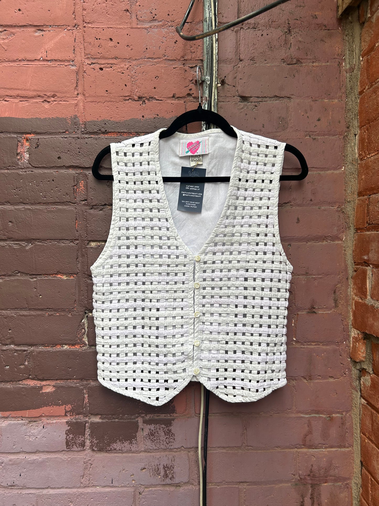 90’s Vintage Faded Pastel & White Cotton Lattice Vest / Size L