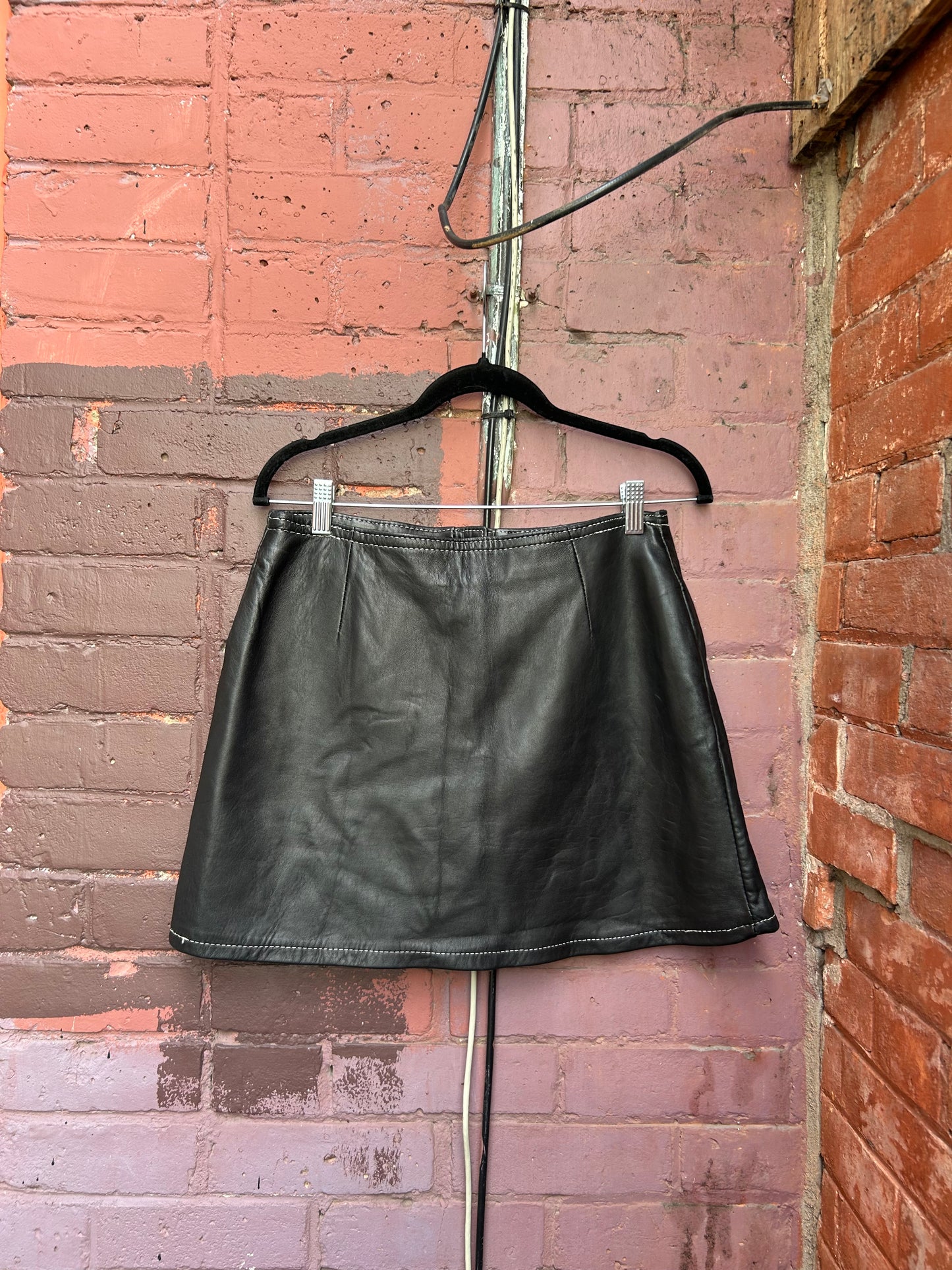 90's Vintage Black Leather Button Down Mini Skirt / 30 Waist