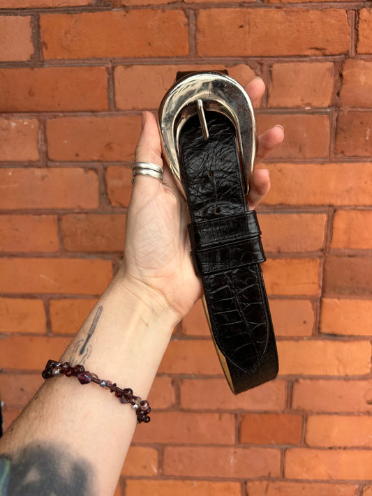 90's Vintage Black Leather Chunky Buckle Belt / 24 - 28 Waist