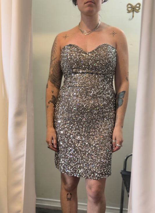 90’s Vintage Champagne Silk Sequin Sweetheart Mini Dress / Size 8-10