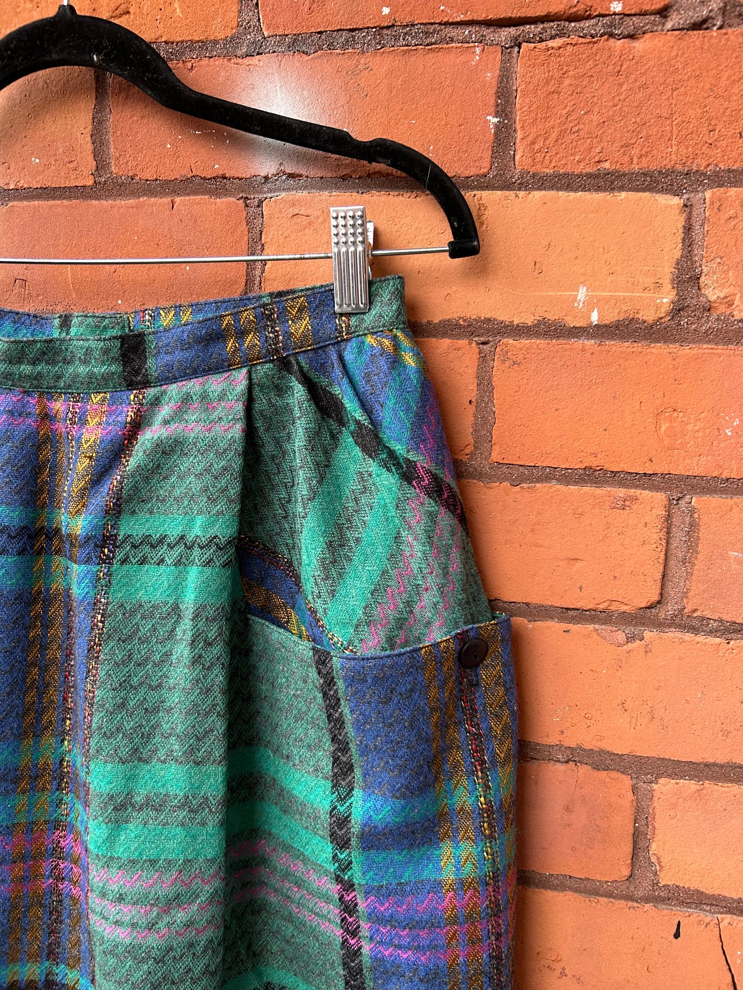 90’s Vintage Teal Plaid Midi Skirt / 29 Waist