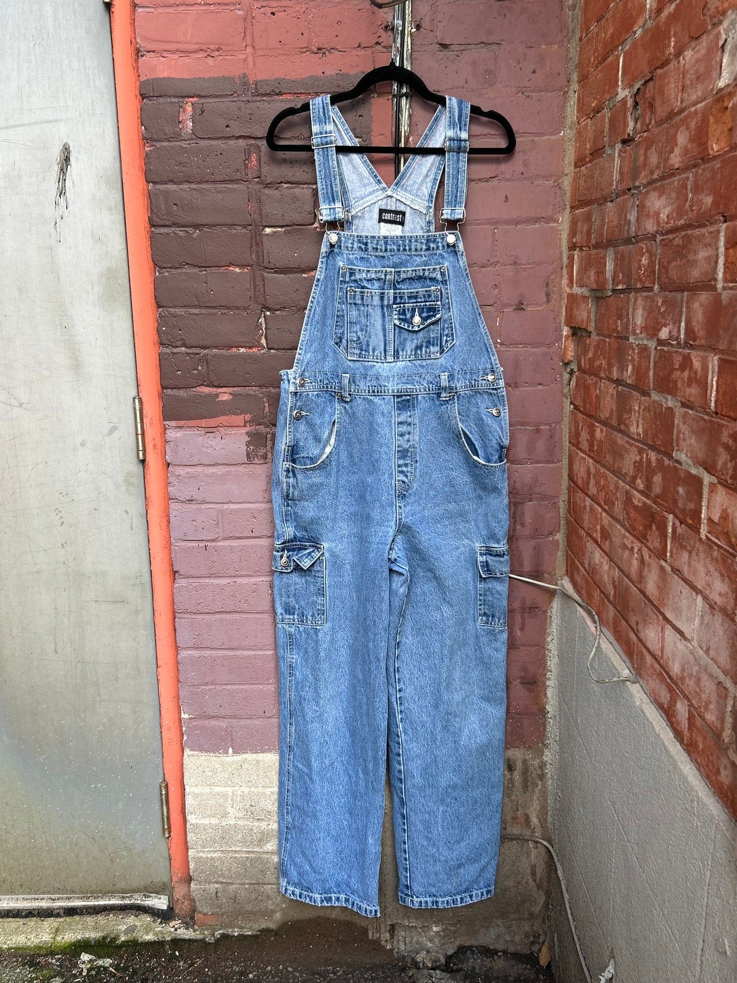 90’s Vintage Light Wash Denim Cargo Overalls / 36 Waist