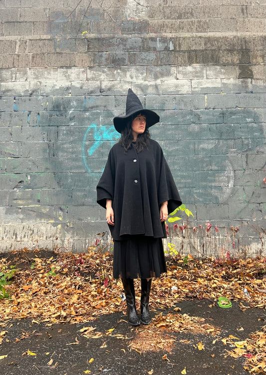90’s Vintage Black Wool Cashmere Blend Cape Coat