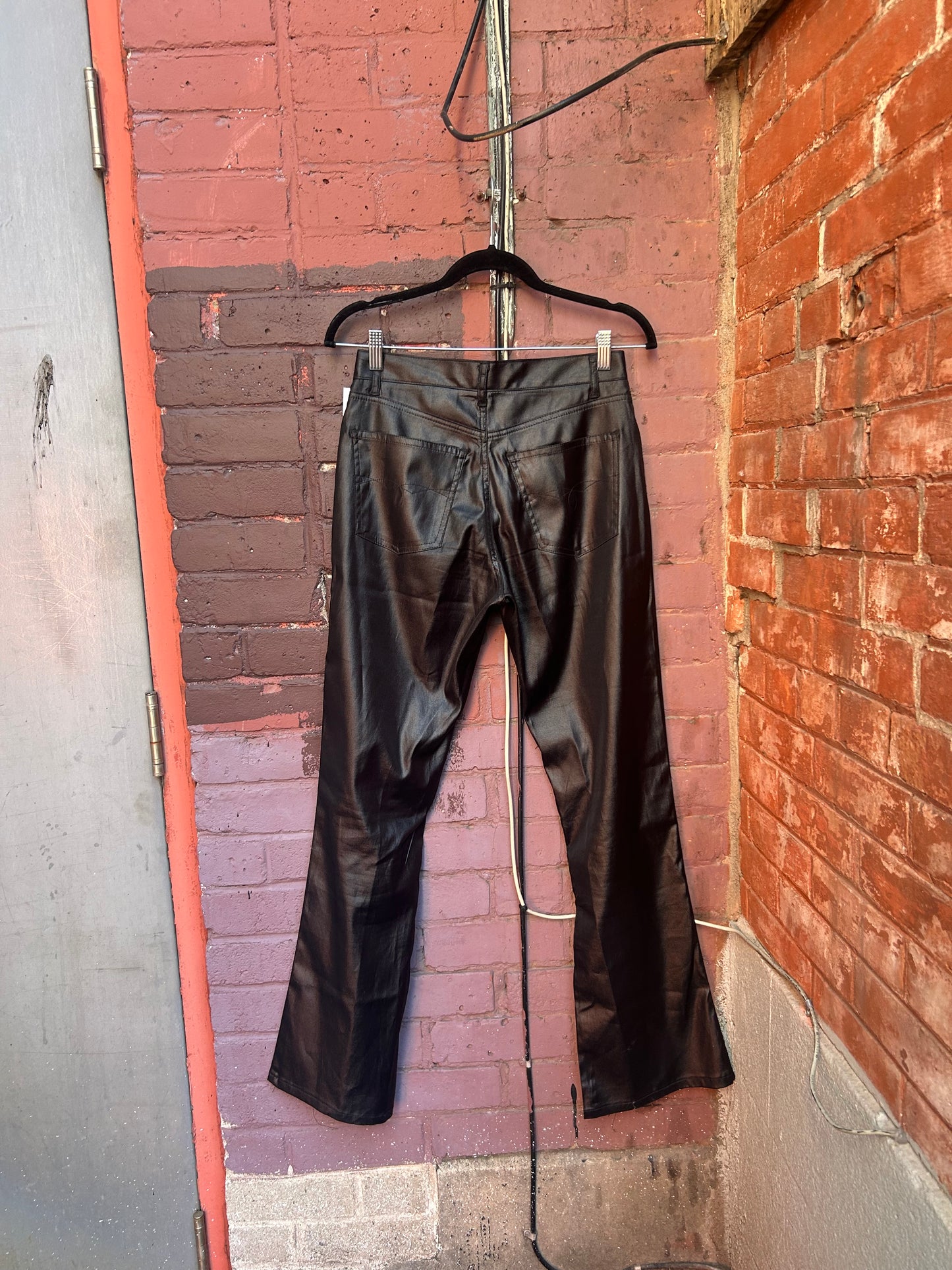 90's Vintage Black Wet Look Low Rise Flare Pants / 28 Waist