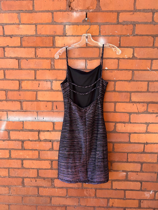 90’s Vintage Pink & Black Sparkly Open Back Mini Dress / Size 6-8