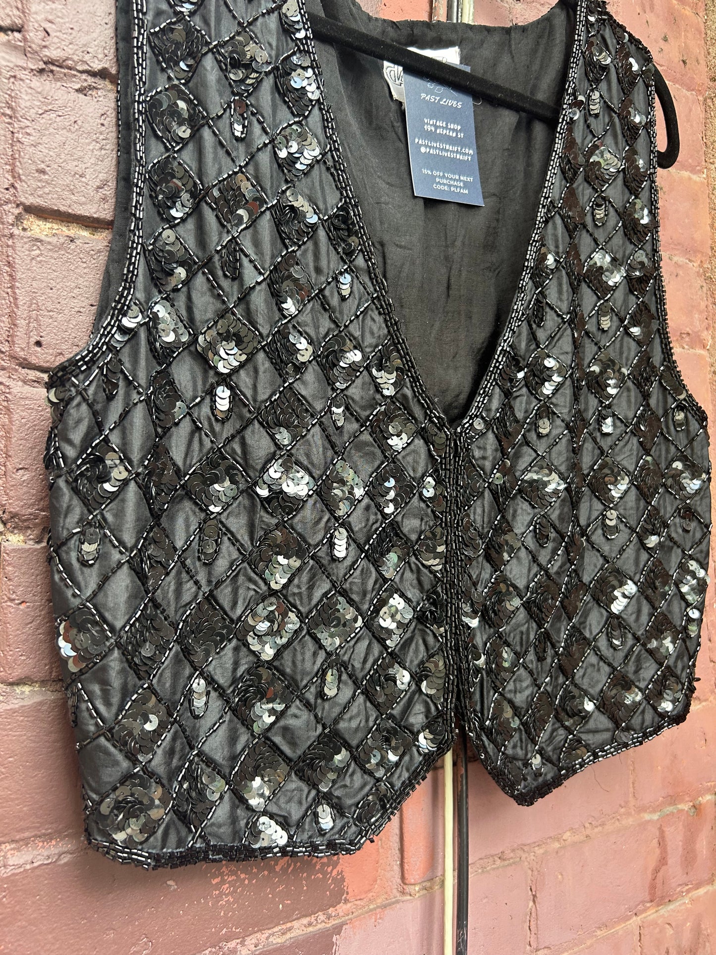 90's Vintage Black Beaded Silk Vest / Size L