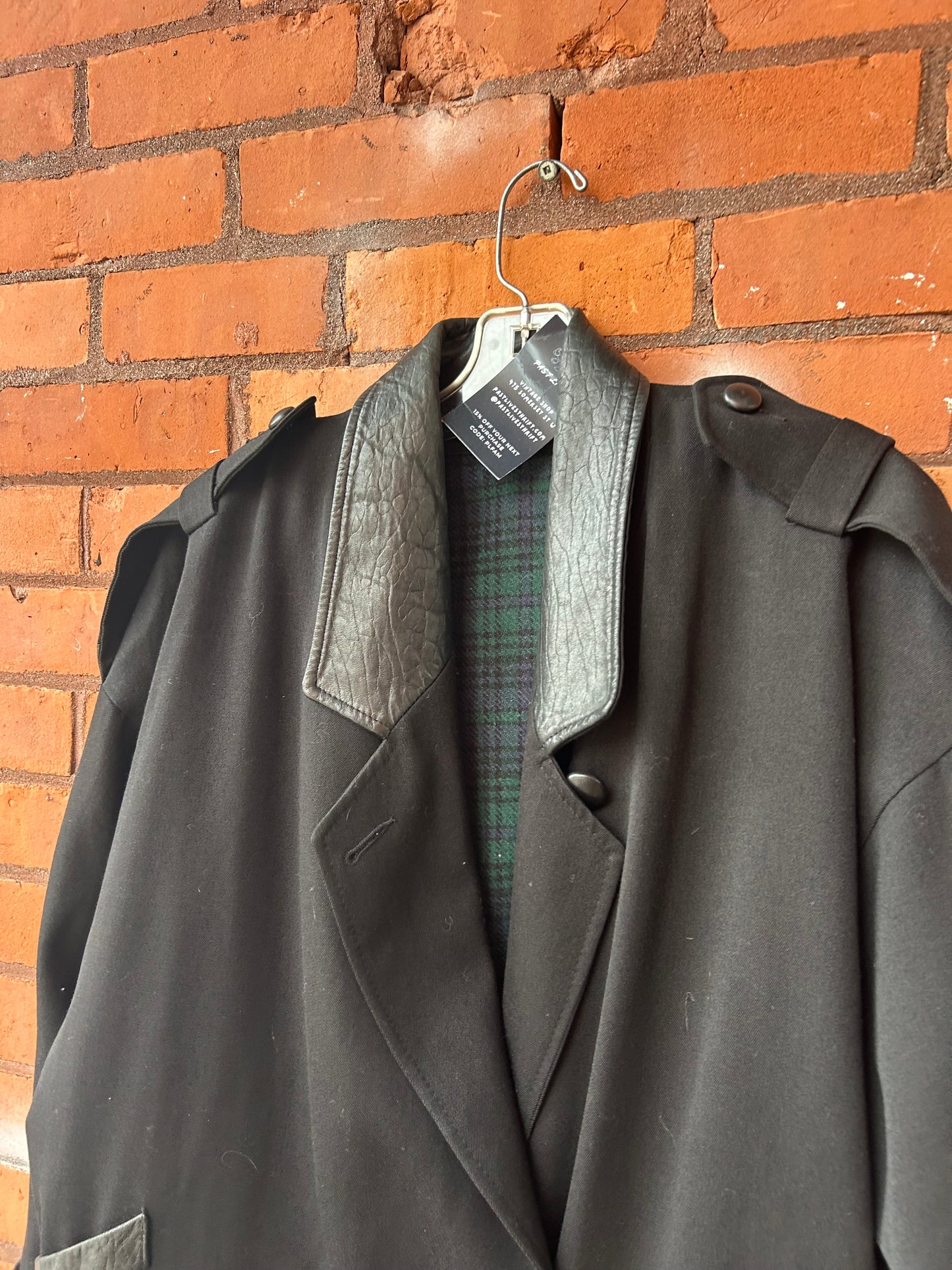 90’s Vintage Black Wool & Leather Over Coat / Size M