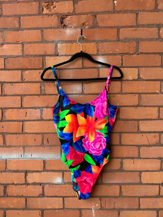 90’s Vintage Bright Floral Low Back Swim Suit / Size L