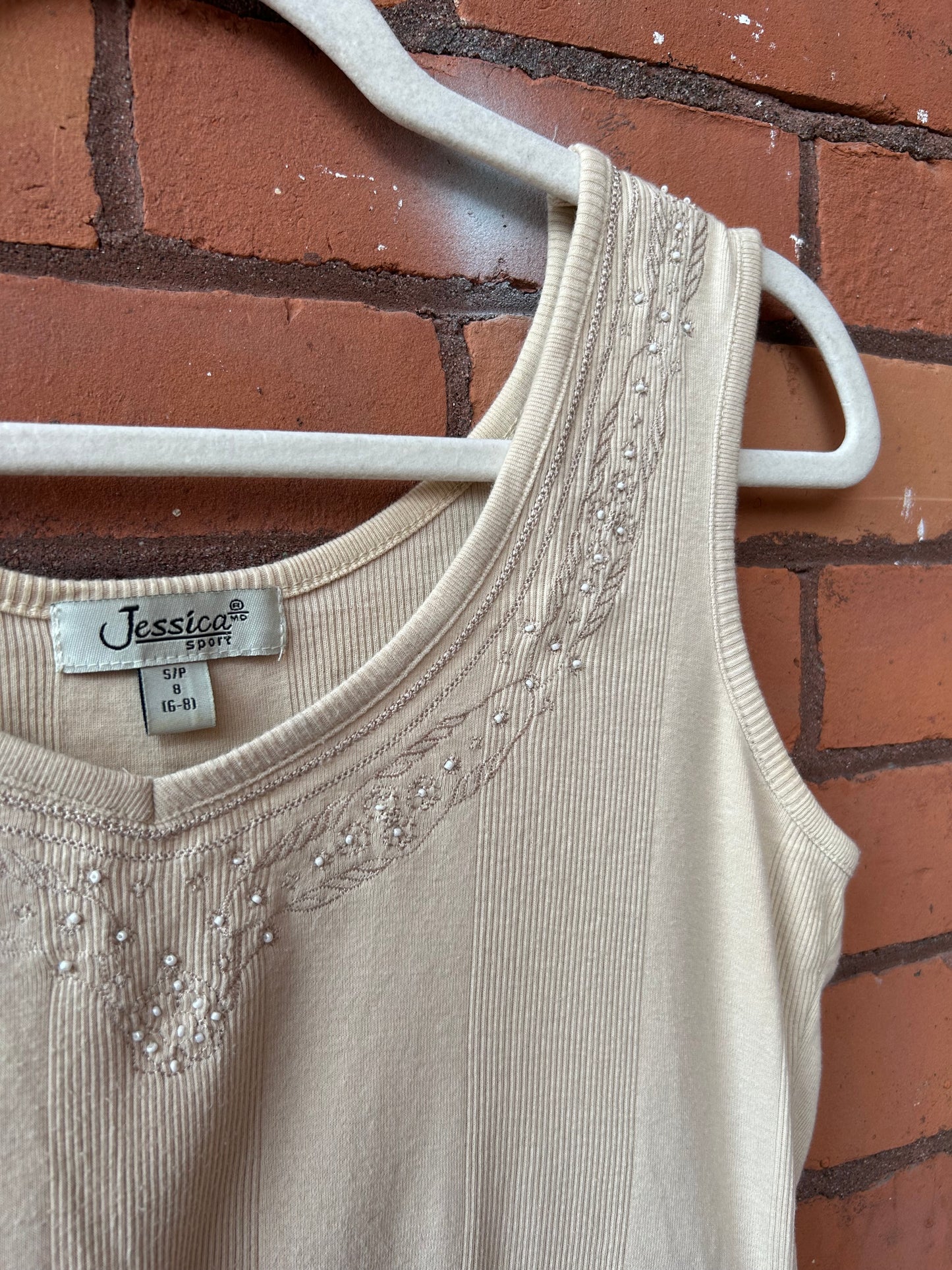 90’s Vintage Beige Beaded Cotton Tank Top / Size M