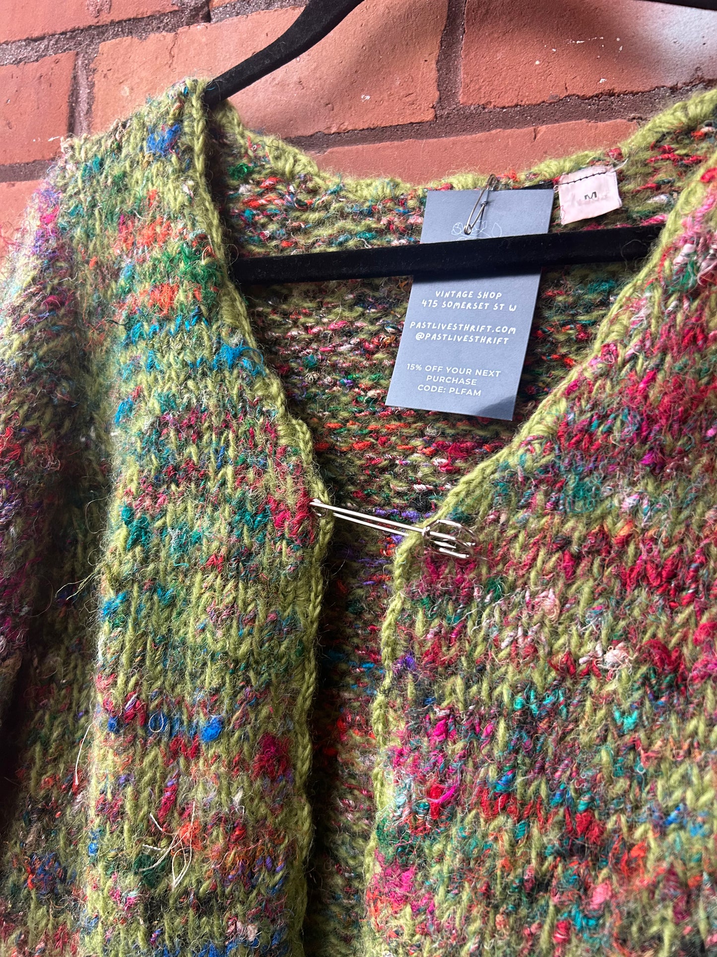 90’s Vintage Green & Rainbow Chunky Wool Cardigan / Size M