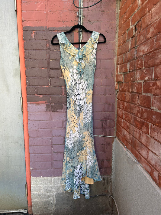 90’s Vintage Blue Floral Ruffle Midi Dress / Size 4