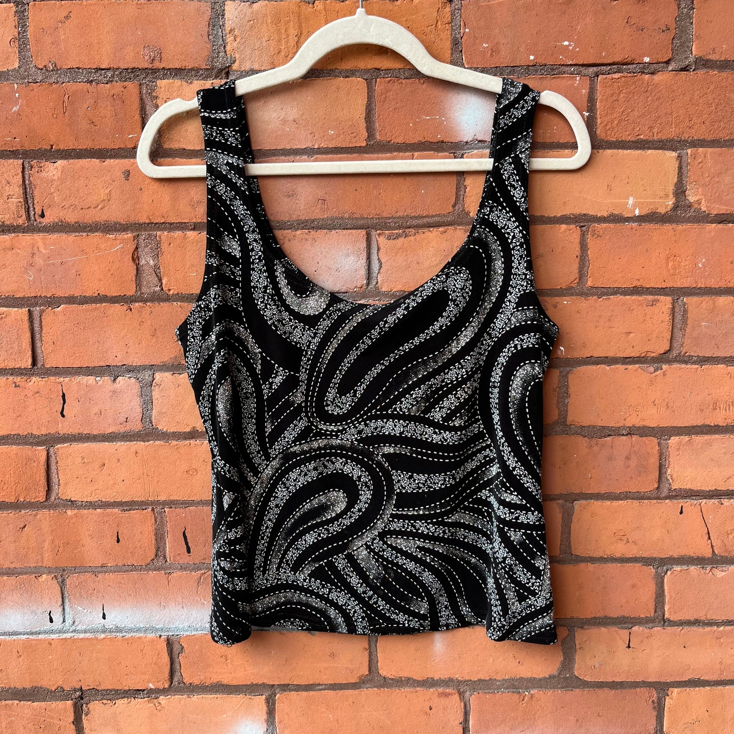 90’s Vintage Black & Silver Sparkly Funky Tank Top / Size XL