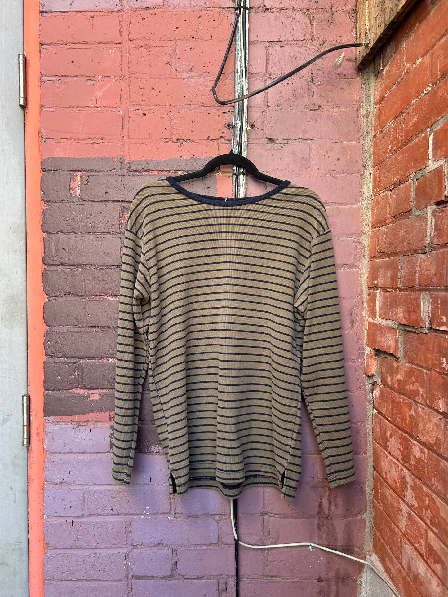 90’s Vintage Olive Green & Navy Striped Cotton Longsleeve / Size M