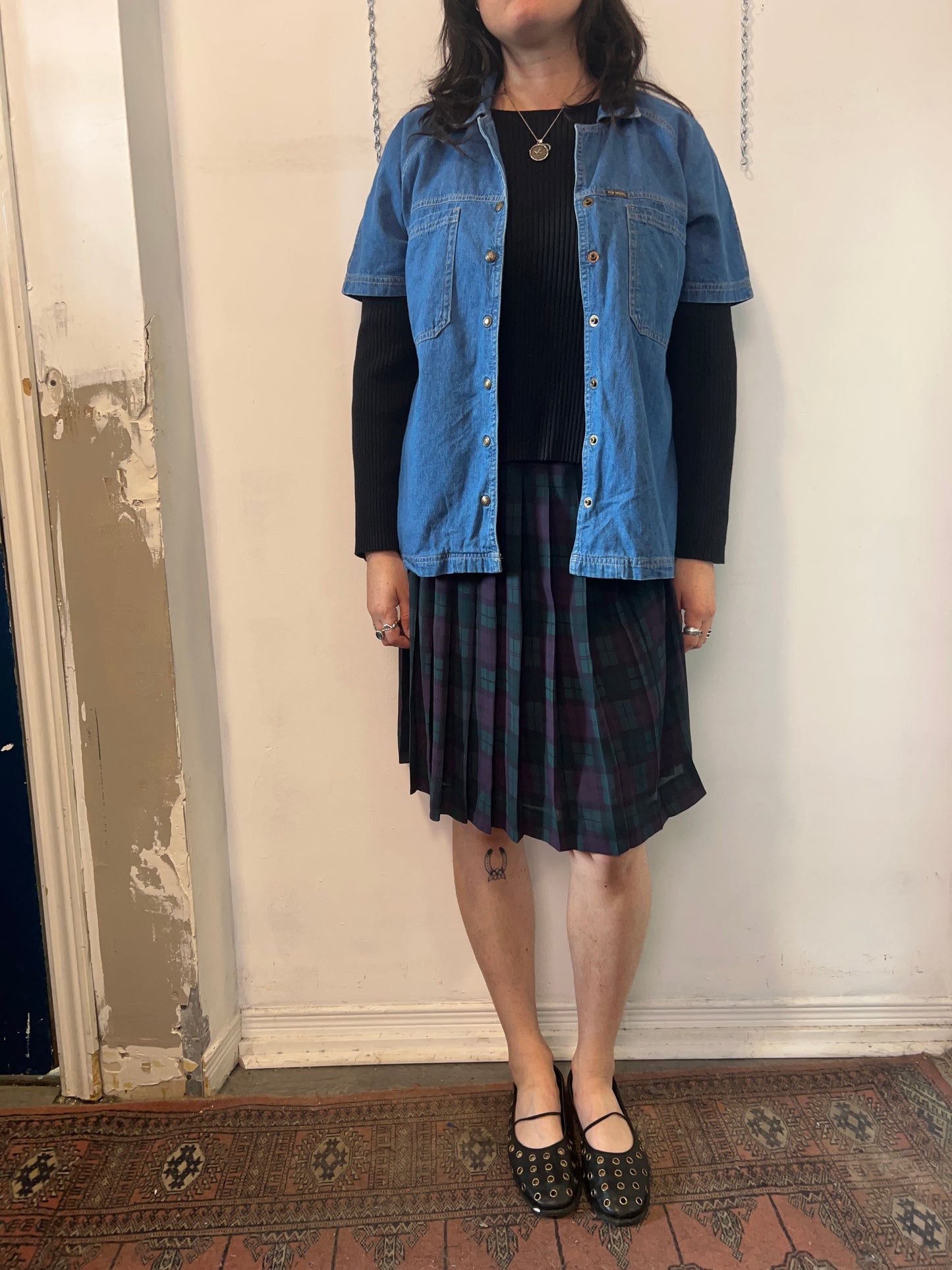 90’s Vintage Purple & Green Plaid Pleated Midi Skirt / 28 Waist