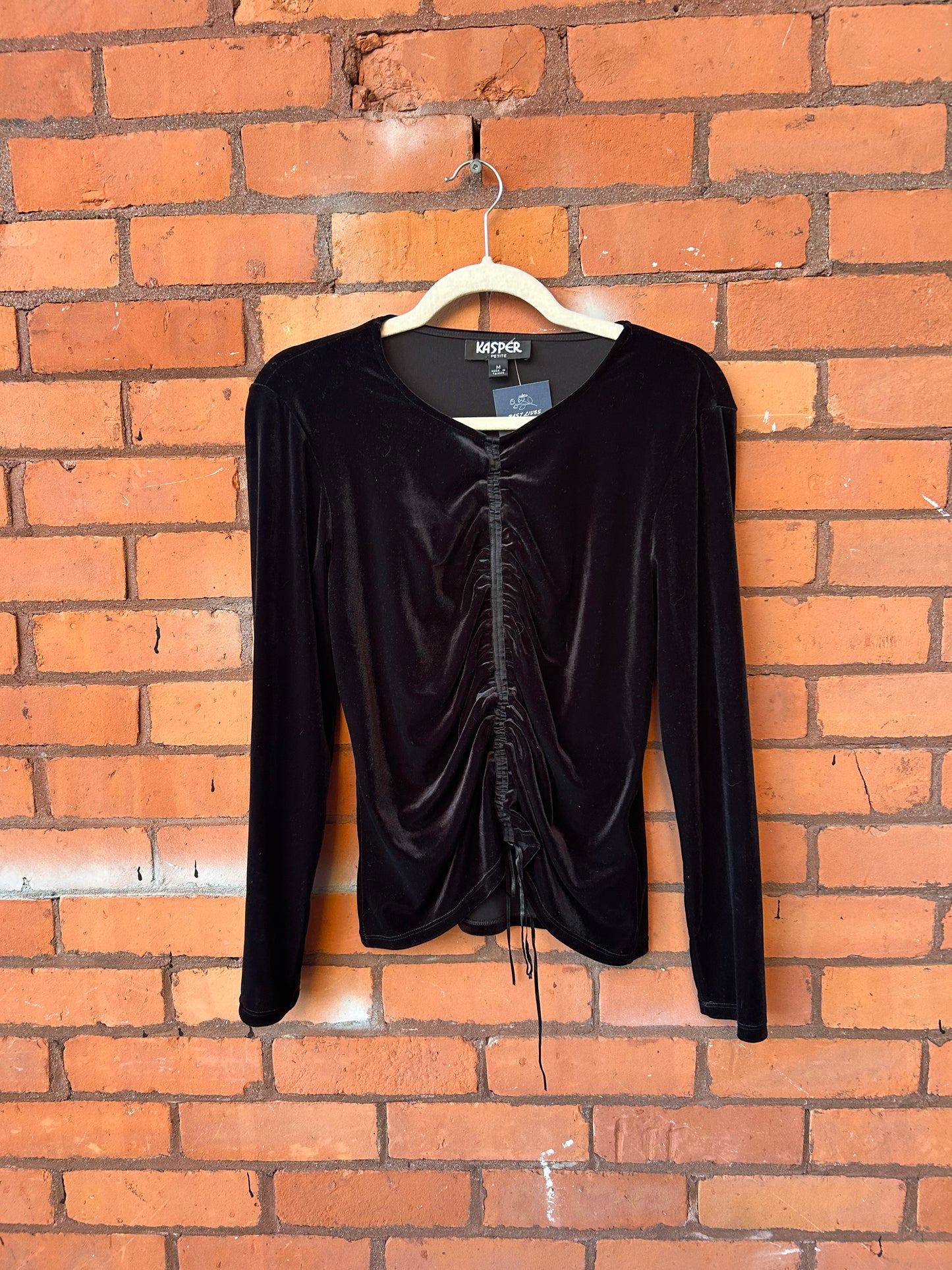 90’s Vintage Black Velvet Gathered Longsleeve Top / Size M-L