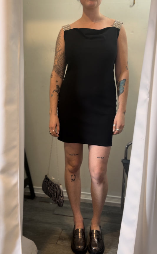 90’s Vintage Holt Renfrew Black Rhinestone Strap Mini Dress / Size 10-12