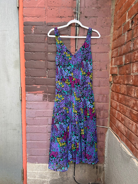 Y2K Vintage Purple Floral Silk Bias Midi Dress / Size 16