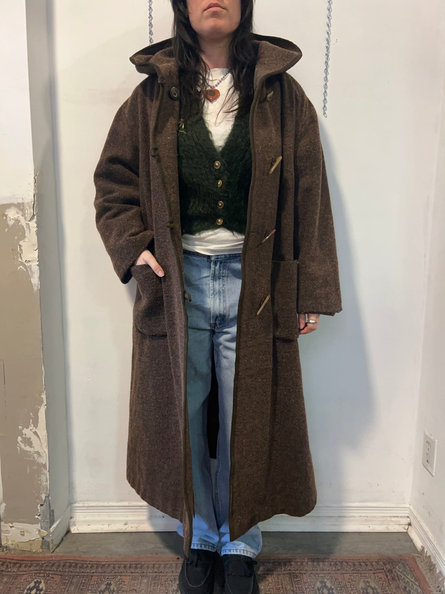 90’s Vintage Brown Wool Cashmere Hooded Overcoat / Size XXL