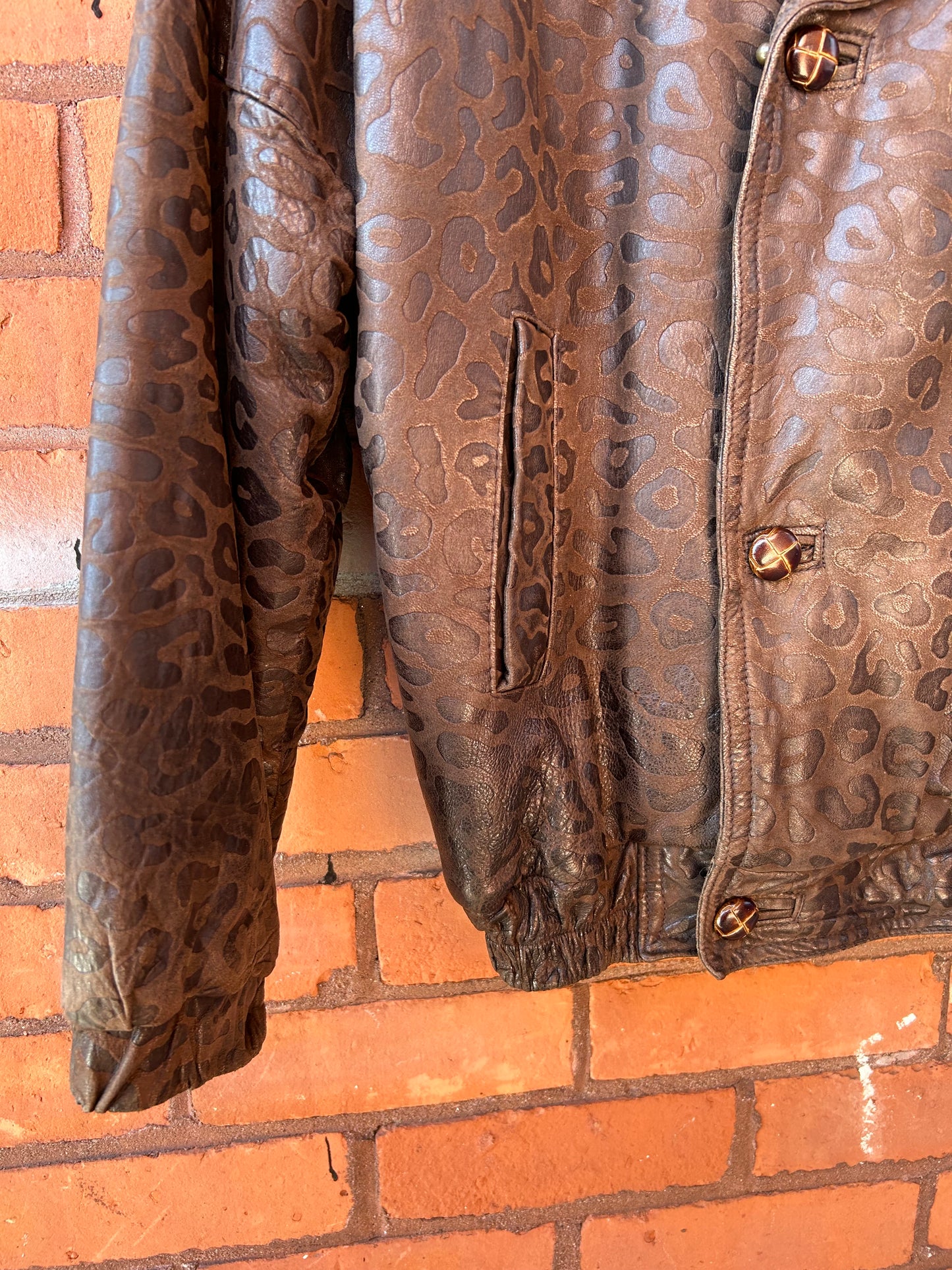 90’s Vintage Brown Leopard Print Leather Slouchy Bomber Jacket / Size L