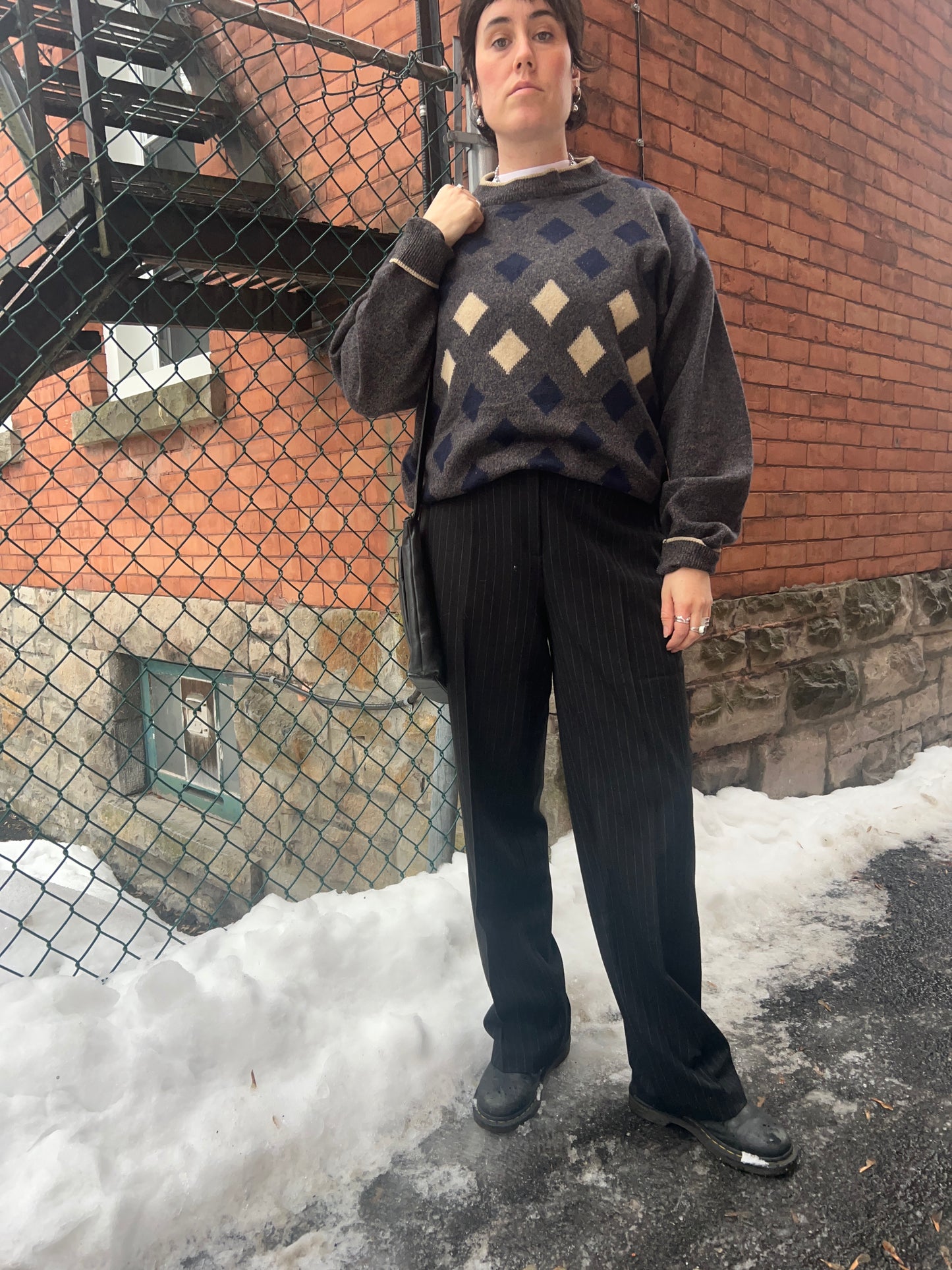 90’s Vintage Grey & Navy Lambswool Mockneck Sweater / Size XL