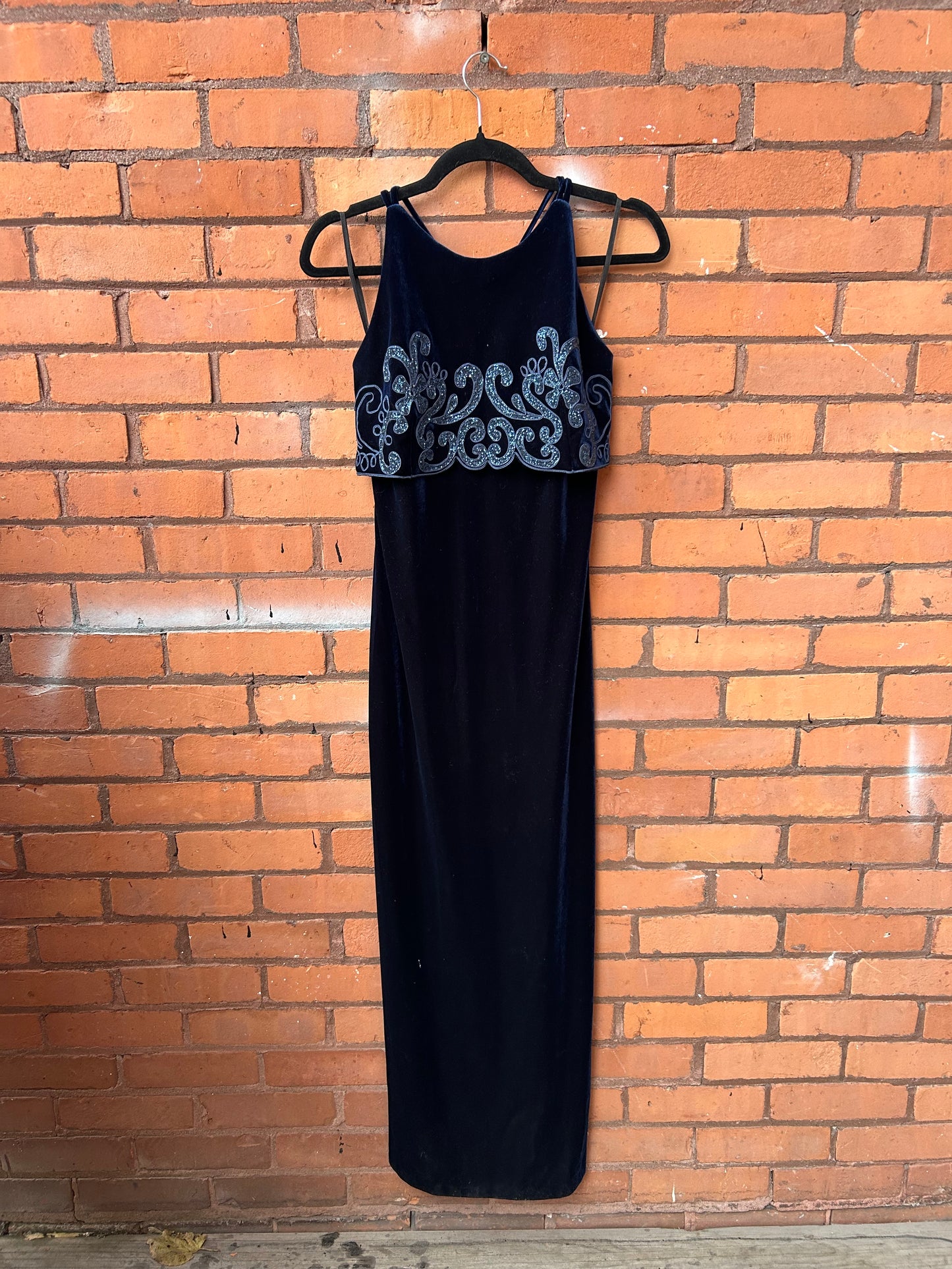 90’s Vintage Midnight Blue Velvet High Neck Maxi Dress / Size 6-8