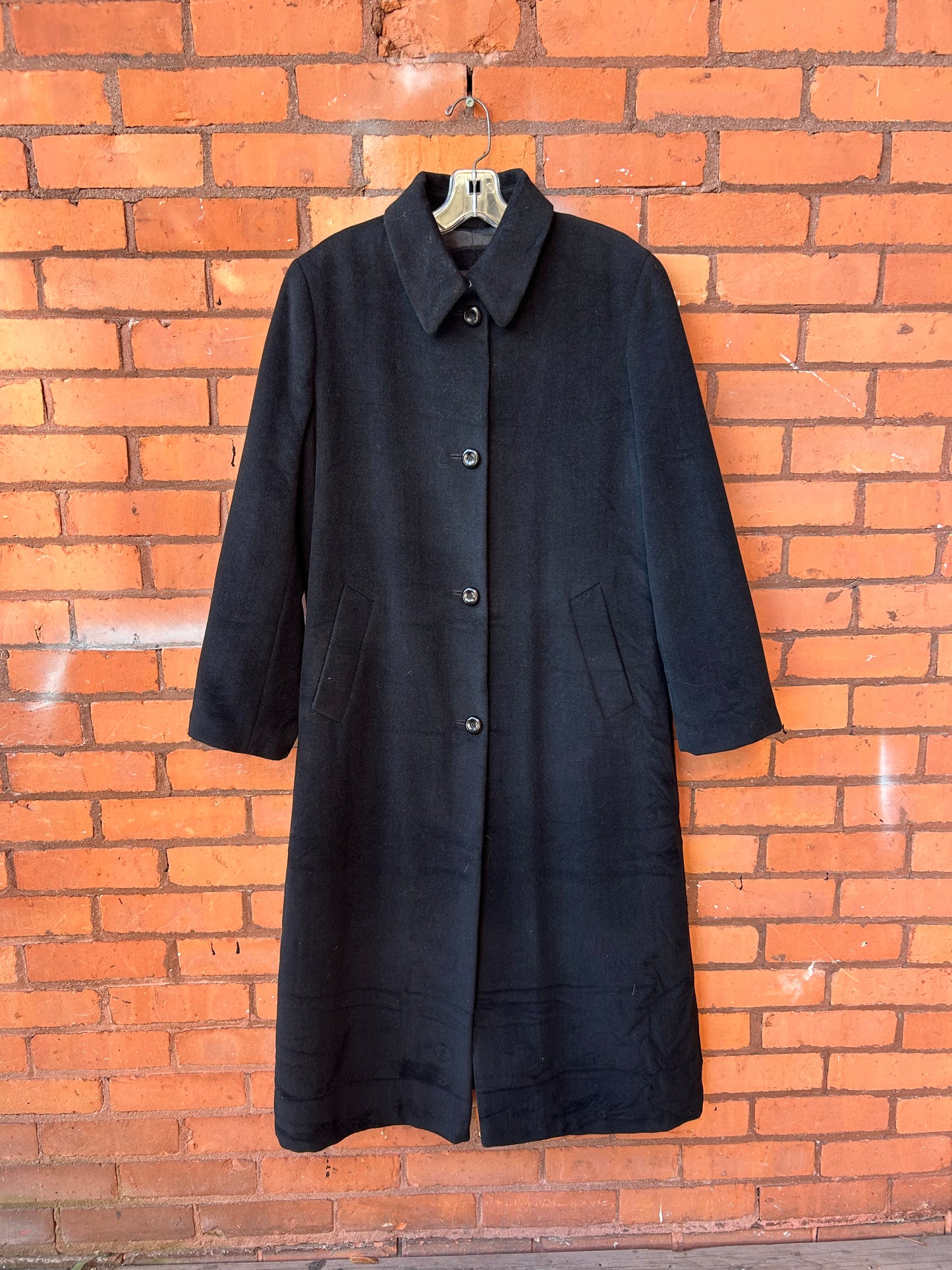 90’s Vintage London Fog Black Wool Maxi Top Coat /  Size M-L