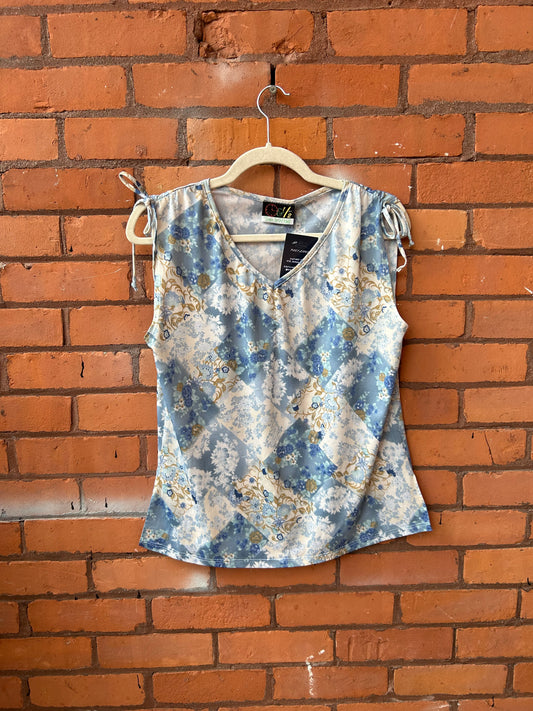 90’s Vintage Blue Floral Tie Tank Top / Size XL