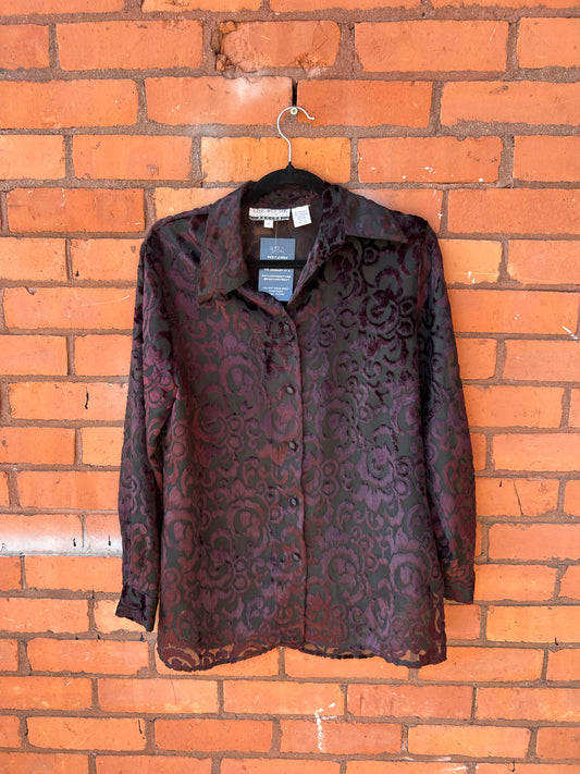 90’s Vintage Burgundy Velvet & Black Mesh Blouse / Size M