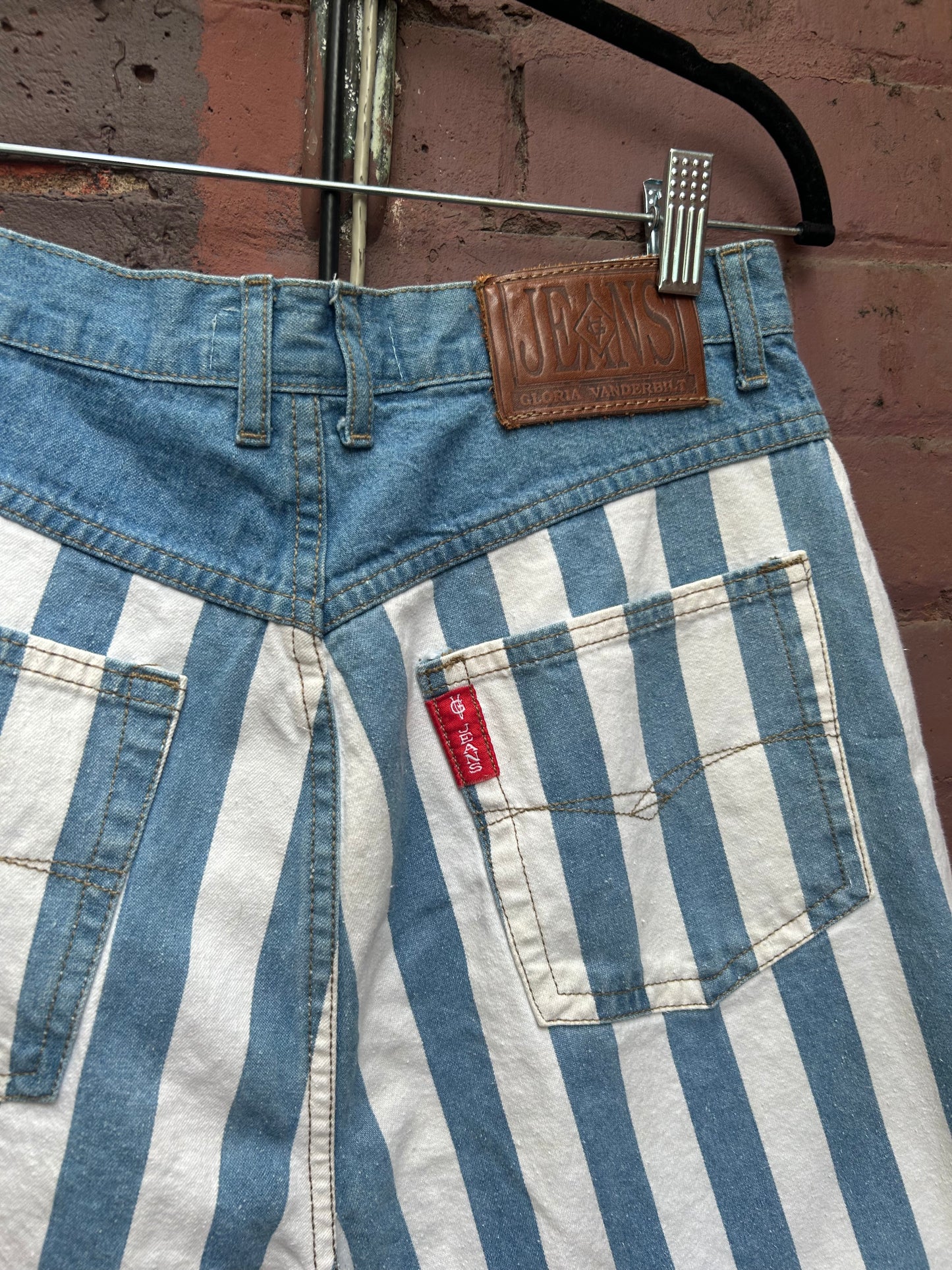 90's Vintage Blue & White Striped Cotton High Waist Shorts / 30 Waist