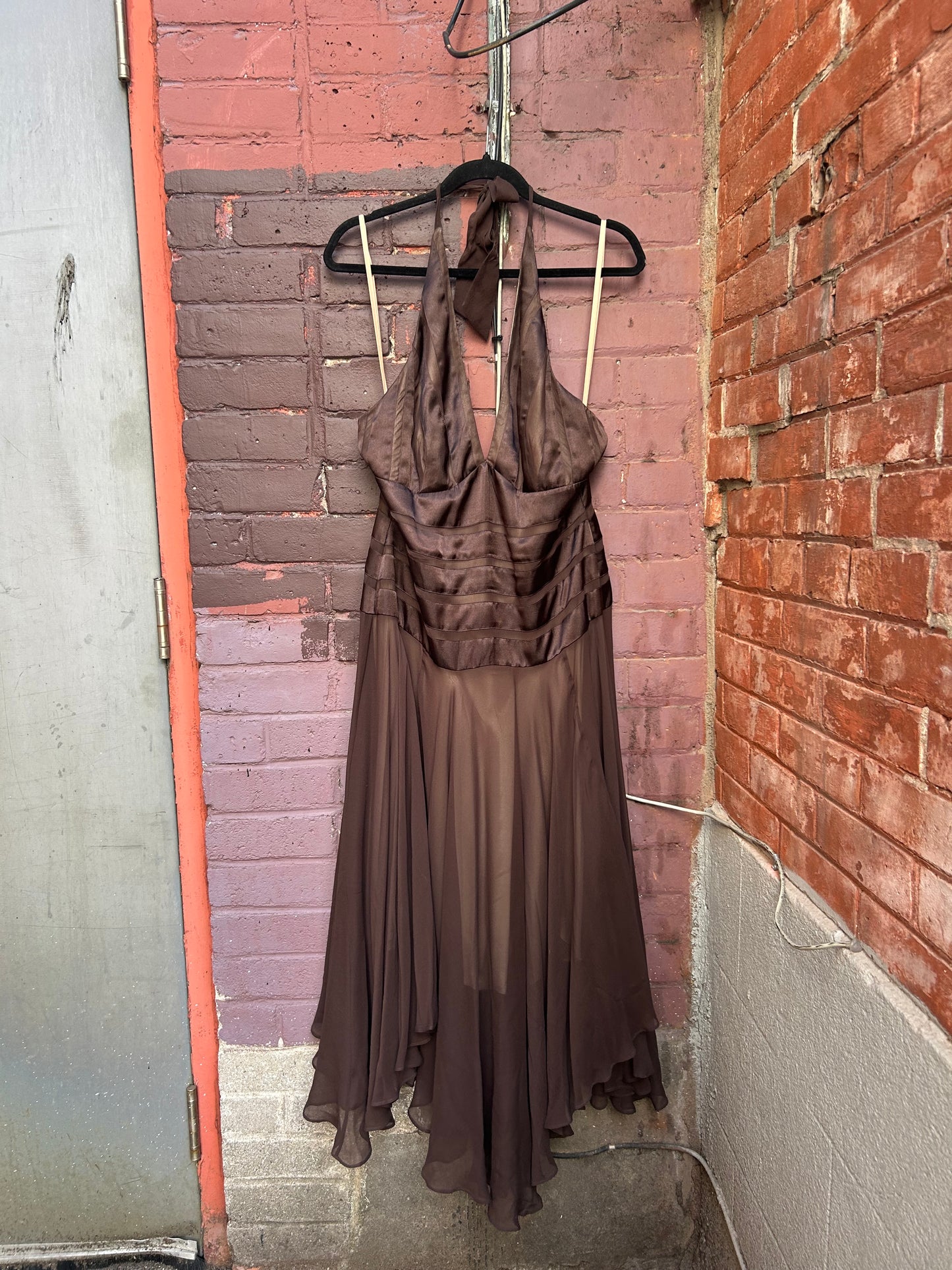 Y2K Vintage Brown Silk Halter Fairy Hem Dress / Size 14